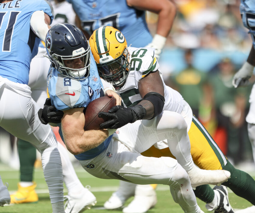 NASHVILLE, TENNESSEE - SEPTEMBER 22: Devonte Wyatt #95 of the Green Bay Packers sacks Will Levis #8 of the Tennessee Titans during an NFL football game at Nissan Stadium on September 22, 2024 in Nashville, Tennessee. (Photo by Kara Durrette/Getty Images)