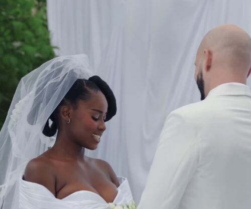 Lerato Nxumalo smiling at wedding, South African actress portrait, celebrity in formal dress, Lerato Nxumalo and husband candid, actress in white gown, newlywed couple outdoors, Bona Magazine