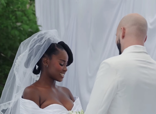 Lerato Nxumalo smiling at wedding, South African actress portrait, celebrity in formal dress, Lerato Nxumalo and husband candid, actress in white gown, newlywed couple outdoors, Bona Magazine