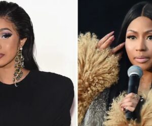 Cardi B in studio, Nicki Minaj portrait, rap feud social media, Cardi B tweet screenshot, rapper confrontation, celebrity drama image, music industry tension, Bona Magazine