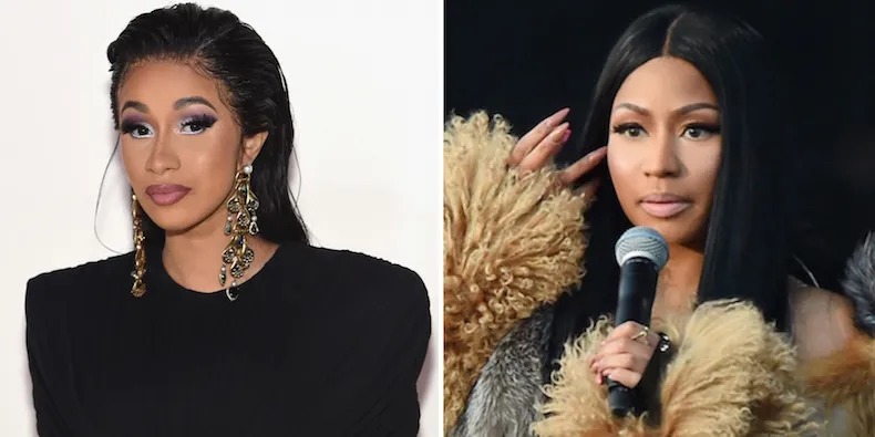 Cardi B in studio, Nicki Minaj portrait, rap feud social media, Cardi B tweet screenshot, rapper confrontation, celebrity drama image, music industry tension, Bona Magazine