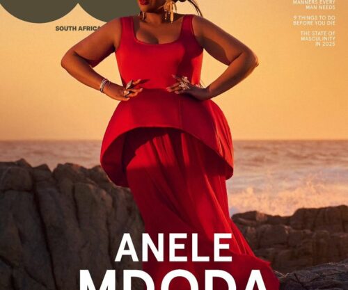 Anele Mdoda red carpet pose, South African magazine cover, media star Johannesburg event, GQ South Africa reveal party, female media pioneer, Bona Magazine