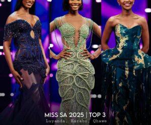 Miss South Africa finalists on stage, Qhawekazi Mazaleni winner moment, audience reacting to pageant answers, South African pageant debate 2025, Bona Magazine