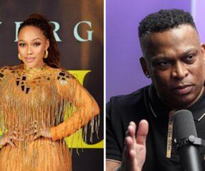 Sol Phenduka speaking into microphone, Robert Marawa portrait, Thando Thabethe image, reaction clip, celebrity rumour commentary, Bona Magazine