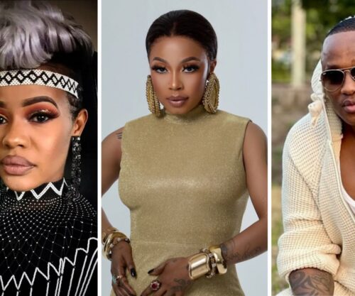 Zandie Gumede speaking on television, Jub Jub father and son moment, Kelly Khumalo at event upload, co-parenting drama South Africa, Bona Magazine