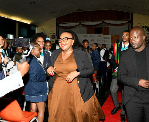 Siviwe Gwarube Minister of Basic Education of South Africa at the National Senior Certificate (NSC) Pledge Signing Ceremony at Pretoria Central High School on October 18, 2024 in Pretoria, South Africa. The Matric Exam Pledge is a vital moment of commitment for the Class of 2024, marking their dedication to academic integrity, honesty, and discipline as they approach their final National Senior Certificate (NSC) exams. (Photo by Frennie Shivambu/Gallo Images via Getty Images)
