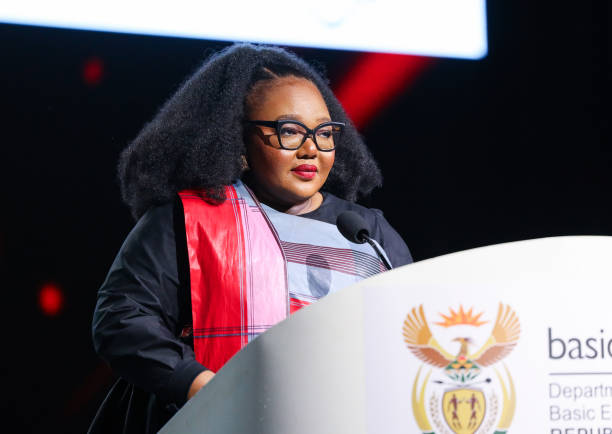 JOHANNESBURG, SOUTH AFRICA - JANUARY 13: Siviwe Gwarube (Minister of Basic Education) at the official release of the National Senior Certificate (NSC) examination results for the Class of 2024 at the Mosaiek Church in Fairland on January 13, 2025 in Johannesburg, South Africa. This comes after quality assurance body - Umalusi gave the go-ahead for the release of the 2024 year-end exam results administered by South Africa's four assessment bodies. (Photo by Luba Lesolle/Gallo Images via Getty Images)