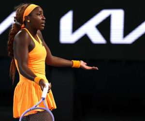 USA's Coco Gauff reacts on point to Ukraine's Elina Svitolina during their women's singles quarter-final match on day ten of the Australian Open tennis tournament in Melbourne on January 27, 2026. (Photo by Martin KEEP / AFP via Getty Images) / -- IMAGE RESTRICTED TO EDITORIAL USE - STRICTLY NO COMMERCIAL USE --
