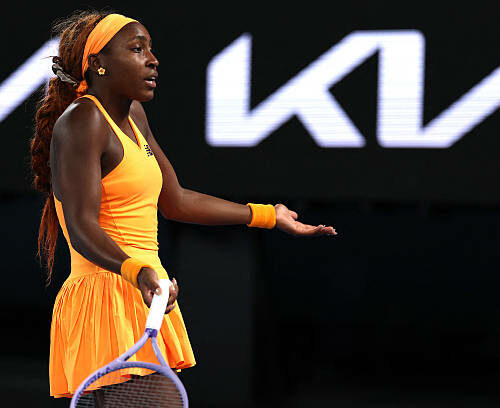 USA's Coco Gauff reacts on point to Ukraine's Elina Svitolina during their women's singles quarter-final match on day ten of the Australian Open tennis tournament in Melbourne on January 27, 2026. (Photo by Martin KEEP / AFP via Getty Images) / -- IMAGE RESTRICTED TO EDITORIAL USE - STRICTLY NO COMMERCIAL USE --