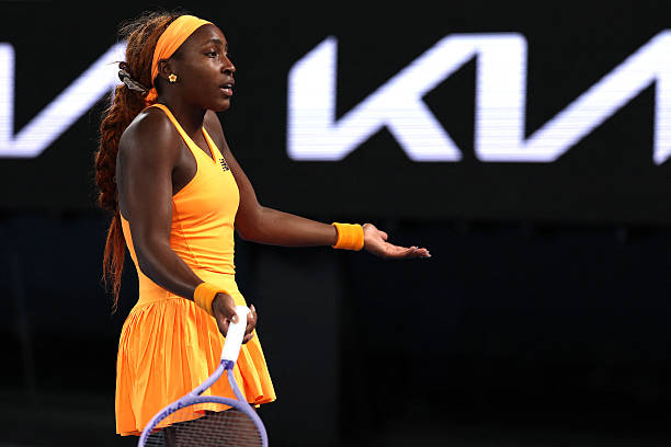 USA's Coco Gauff reacts on point to Ukraine's Elina Svitolina during their women's singles quarter-final match on day ten of the Australian Open tennis tournament in Melbourne on January 27, 2026. (Photo by Martin KEEP / AFP via Getty Images) / -- IMAGE RESTRICTED TO EDITORIAL USE - STRICTLY NO COMMERCIAL USE --