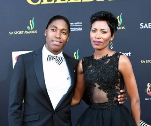Bona Magazine, Caster Semenya and wife Violet smiling together, Caster Semenya anniversary celebration, Violet Raseboya and Caster Semenya affectionate photo
