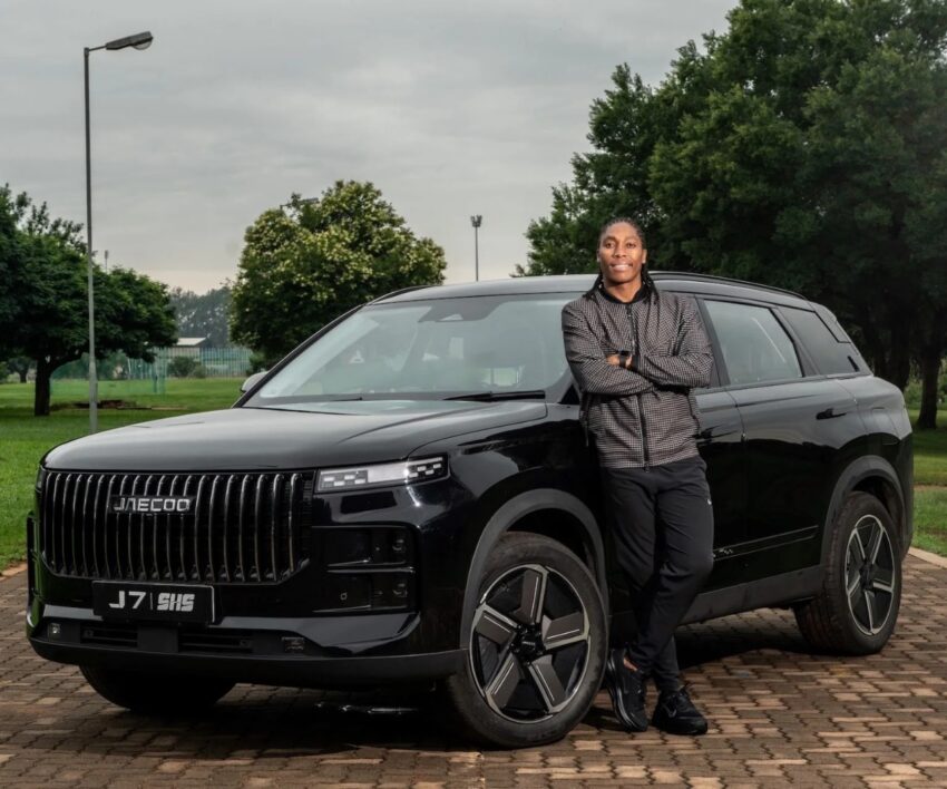 Caster Semenya with JAECOO J7 SHS, hybrid SUV South Africa car launch, family friendly plug-in hybrid vehicle, Olympic champion brand ambassador, J7 SHS interior tech, Bona Magazine