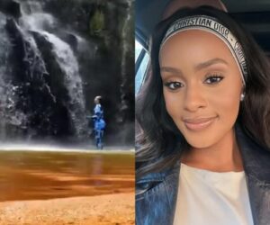 Thobeka Majozi praying at waterfall, Thobeka Majozi viral video, Cassper Nyovest baby mama prayer, South African celebrity spirituality, Mzansi social media reaction, waterfall prayer South Africa, faith moment viral, Bona Magazine
