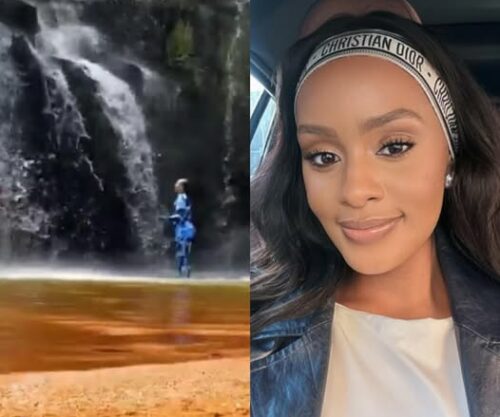 Thobeka Majozi praying at waterfall, Thobeka Majozi viral video, Cassper Nyovest baby mama prayer, South African celebrity spirituality, Mzansi social media reaction, waterfall prayer South Africa, faith moment viral, Bona Magazine