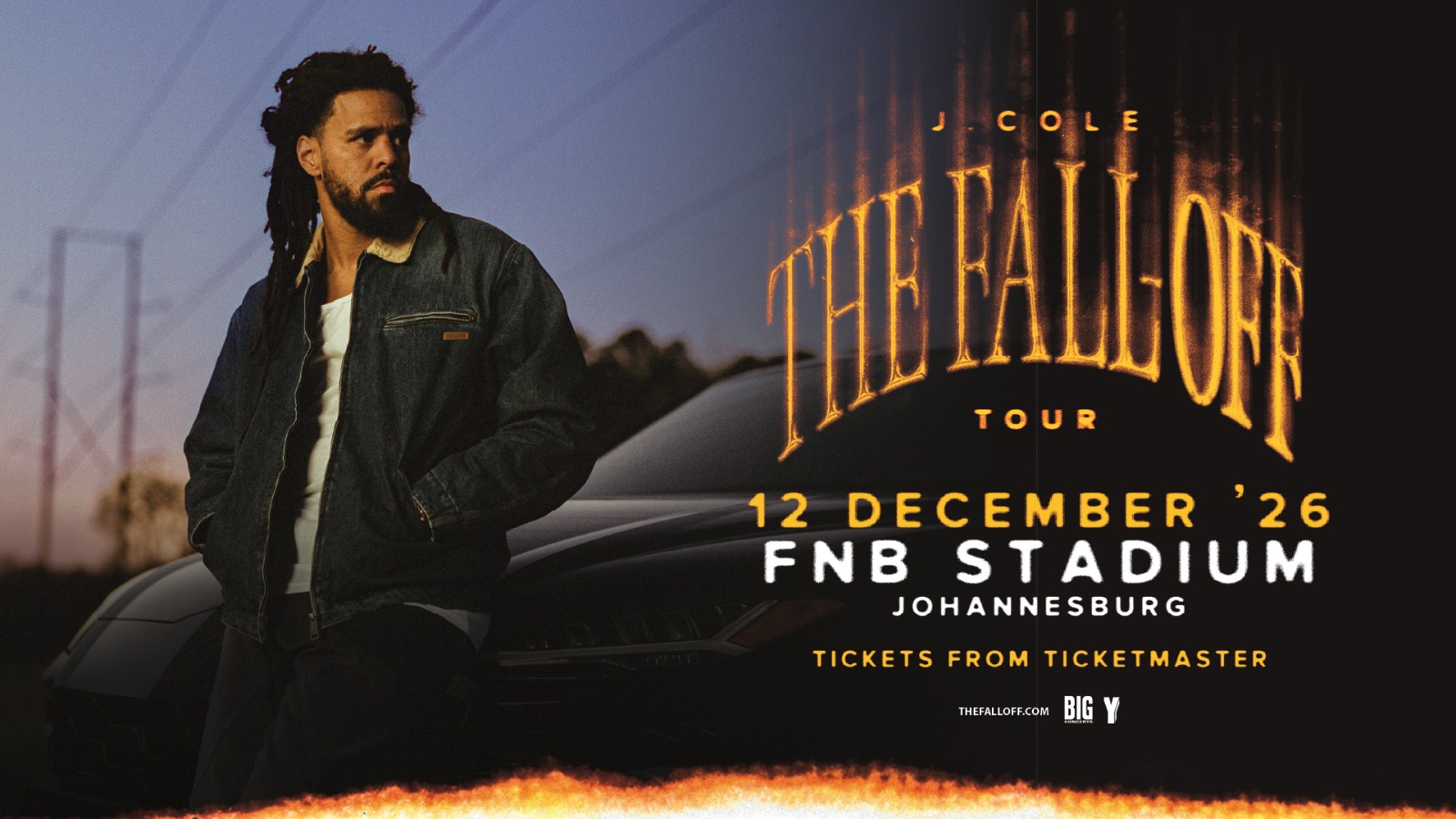J Cole The Fall Off Tour 2026 poster, J Cole global tour announcement, FNB Stadium Johannesburg concert 2026, J Cole live performance stadium crowd, The Fall Off album cover 2026, J Cole Johannesburg December show, hip hop world tour dates, Bona Magazine