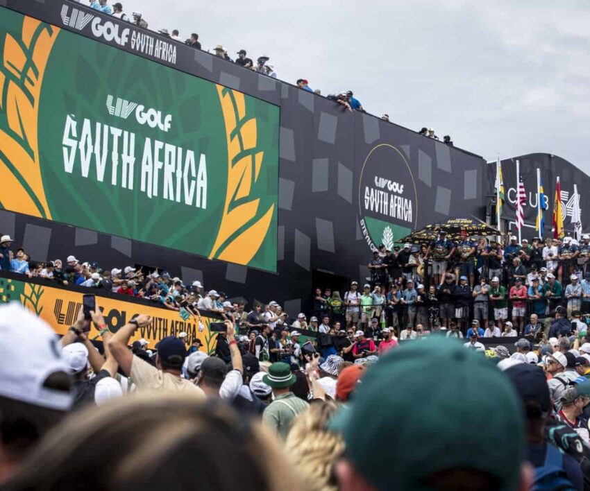 LIV Golf Steyn City brawl video, Johannesburg golf crowd fight, Dean Burmester dance moment, Bafana Bafana shirt golf event, Bryson DeChambeau LIV Golf win, South African sports crowd reaction, viral fight video SA event, LIV Golf concert Black Coffee Calvin Harris, Steyn City golf atmosphere, large crowd Johannesburg event, Bona Magazine