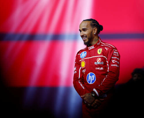 LONDON, ENGLAND - FEBRUARY 18: Lewis Hamilton of Great Britain and Scuderia Ferrari looks on during F1 75 Live at The O2 Arena on February 18, 2025 in London, England. (Photo by Sam Bloxham/Getty Images)
