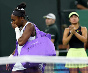 INDIAN WELLS, CALIFORNIA - MARCH 08: Coco Gauff of the United States walks off court showing her emotion after she has retired with an arm injury against Alexandra Eala of the Phiippines during their third round match of the BNP Paribas Open at Indian Wells Tennis Garden on March 08, 2026 in Indian Wells, California. (Photo by Clive Brunskill/Getty Images)