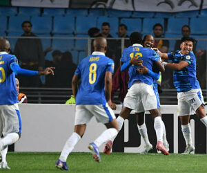 Sundowns' players celebrate after scoring their first goal during the CAF Champions League semi-final first leg football match between Esperance Sportive de Tunis (TUN) and Mamelodi Sundowns (RSA) at the Hammadi Agrebi Stadium in Rades on April 12, 2026. (Photo by FETHI BELAID / AFP via Getty Images)