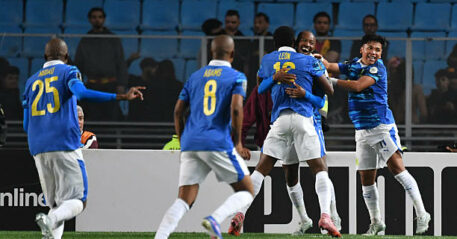 Sundowns' players celebrate after scoring their first goal during the CAF Champions League semi-final first leg football match between Esperance Sportive de Tunis (TUN) and Mamelodi Sundowns (RSA) at the Hammadi Agrebi Stadium in Rades on April 12, 2026. (Photo by FETHI BELAID / AFP via Getty Images)