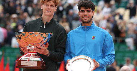 MONTE-CARLO, MONACO - APRIL 12: Jannik Sinner of Italy and Carlos Alcaraz of Spain pose for a photo with their winners and runners-up trophies after the Men's Singles Final during day eight of the Rolex Monte-Carlo Masters at Monte-Carlo Country Club on April 12, 2026 in Monte-Carlo, Monaco. (Photo by Julian Finney/Getty Images)