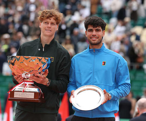 MONTE-CARLO, MONACO - APRIL 12: Jannik Sinner of Italy and Carlos Alcaraz of Spain pose for a photo with their winners and runners-up trophies after the Men's Singles Final during day eight of the Rolex Monte-Carlo Masters at Monte-Carlo Country Club on April 12, 2026 in Monte-Carlo, Monaco. (Photo by Julian Finney/Getty Images)
