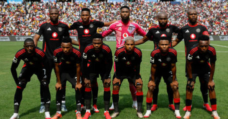Orlando Pirates starting eleven poses ahead of the Premier Soccer League (PSL) South African Premier Division football match between Orlando Pirates and Kaizer Chiefs at the FNB Stadium in Johannesburg on February 1, 2025. (Photo by Phill Magakoe / AFP) (Photo by PHILL MAGAKOE/AFP via Getty Images)