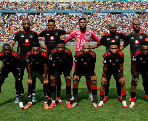 Orlando Pirates starting eleven poses ahead of the Premier Soccer League (PSL) South African Premier Division football match between Orlando Pirates and Kaizer Chiefs at the FNB Stadium in Johannesburg on February 1, 2025. (Photo by Phill Magakoe / AFP) (Photo by PHILL MAGAKOE/AFP via Getty Images)