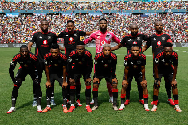 Orlando Pirates starting eleven poses ahead of the Premier Soccer League (PSL) South African Premier Division football match between Orlando Pirates and Kaizer Chiefs at the FNB Stadium in Johannesburg on February 1, 2025. (Photo by Phill Magakoe / AFP) (Photo by PHILL MAGAKOE/AFP via Getty Images)