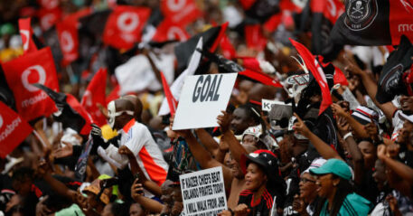 Orlando Pirates fans celebrate their team's win during the Premier Soccer League (PSL) South African Premier Division football match between Orlando Pirates and Kaizer Chiefs at the FNB Stadium in Johannesburg on February 1, 2025. (Photo by Phill Magakoe / AFP) (Photo by PHILL MAGAKOE/AFP via Getty Images)
