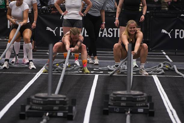 Athletes participate in a Hyrox competition at the Cologne Trade Fair Center during the FIBO in Cologne, Germany, on April 17, 2026. (Photo by Ying Tang/NurPhoto via Getty Images)