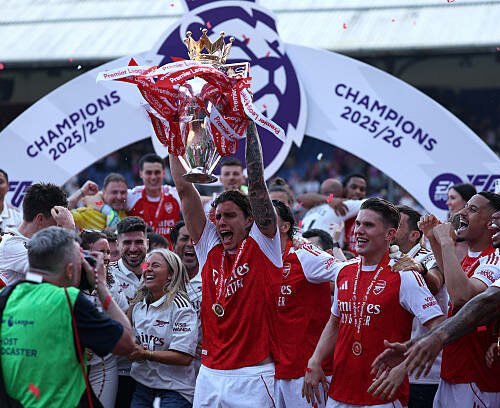 Arsenal's Italian defender #33 Riccardo Calafiori lifts the Premier League trophy at a presentation ceremony on the pitch after the English Premier League football match between Crystal Palace and Arsenal at Selhurst Park in south London on May 24, 2026. Arsenal are English league champions for the first time since 2004, winning the league by seven points. (Photo by Adrian Dennis / AFP via Getty Images) / RESTRICTED TO EDITORIAL USE. No use with unauthorized audio, video, data, fixture lists, club/league logos or 'live' services. Online in-match use limited to 120 images. An additional 40 images may be used in extra time. No video emulation. Social media in-match use limited to 120 images. An additional 40 images may be used in extra time. No use in betting publications, games or single club/league/player publications. /